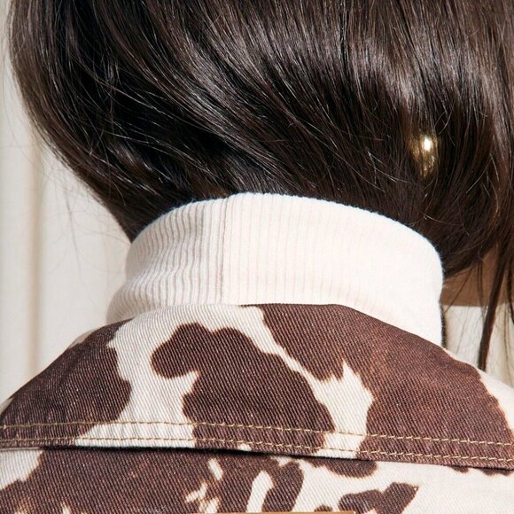 Casual Women's Cow Print Denim Jacket Western Distress contemporary - Picture 4 of 5